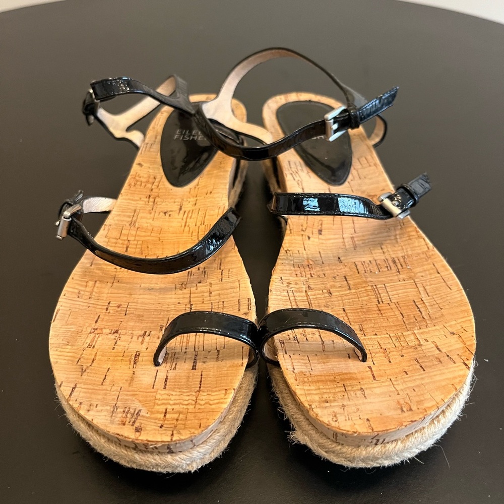 Eileen Fisher Black Patent Leather Platform Sandals